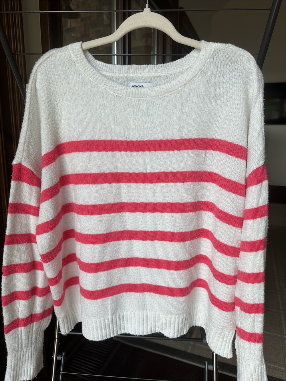 Sonoma White Crewneck Sweater with Pink Stripes
